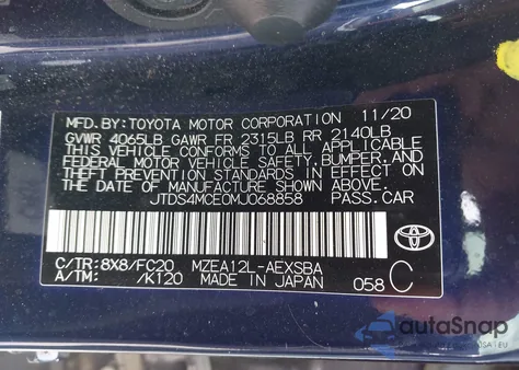 2021 Toyota Corolla Se from USA, damaged, VIN JTDS4MCE0MJ068858